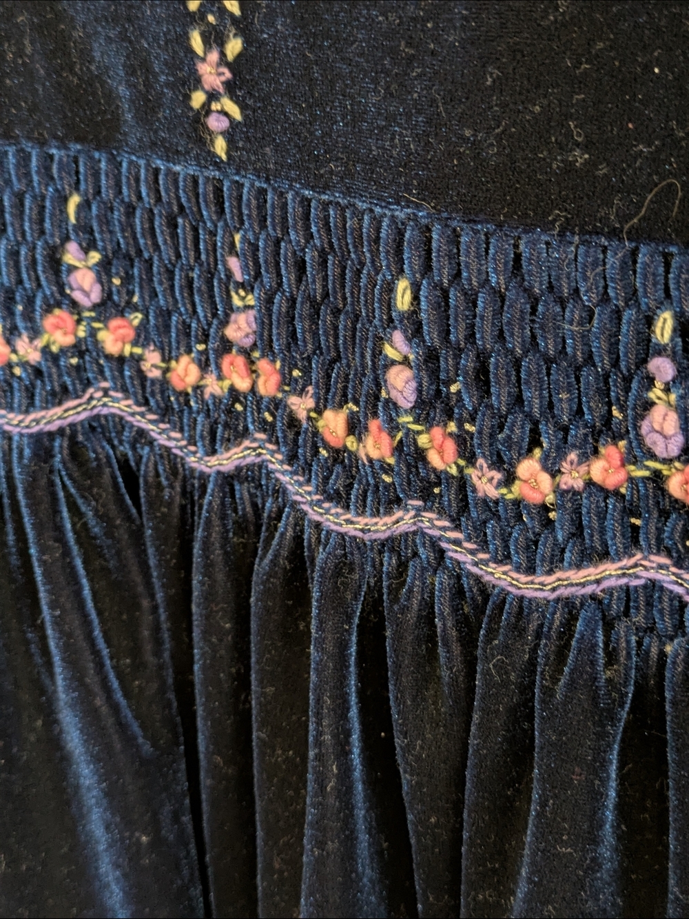 Vintage Marks & Spencer Navy Velvet Dress with Pink Floral Embroidery/Smocking - Picture 3 of 7